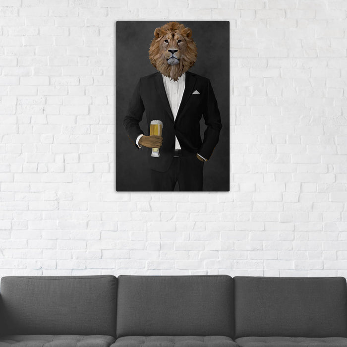 Lion Drinking Beer Wall Art - Black Suit