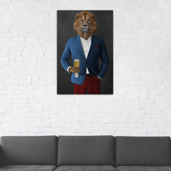 Lion Drinking Beer Wall Art - Blue and Red Suit