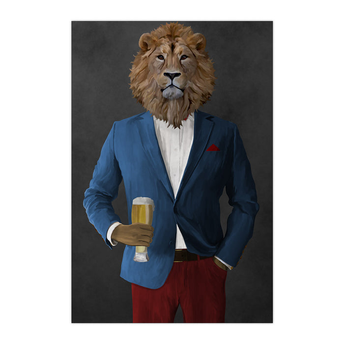 Lion Drinking Beer Wall Art - Blue and Red Suit