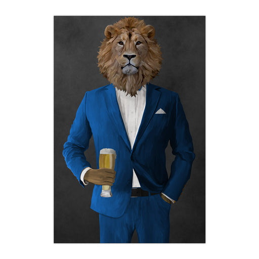 Lion Drinking Beer Wall Art - Blue Suit