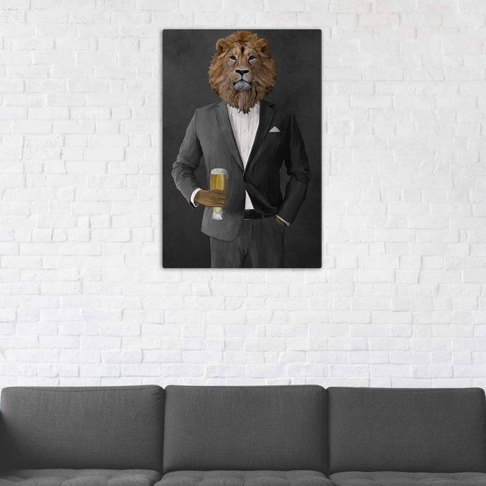 Lion Drinking Beer Wall Art - Gray Suit