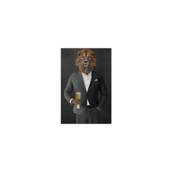 Lion Drinking Beer Wall Art - Gray Suit