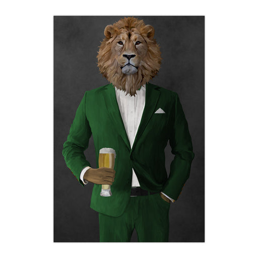 Lion Drinking Beer Wall Art - Green Suit