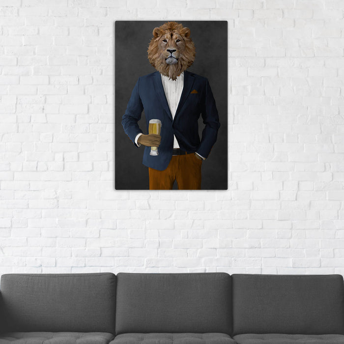 Lion Drinking Beer Wall Art - Navy and Orange Suit
