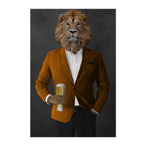 Lion Drinking Beer Wall Art - Orange and Black Suit