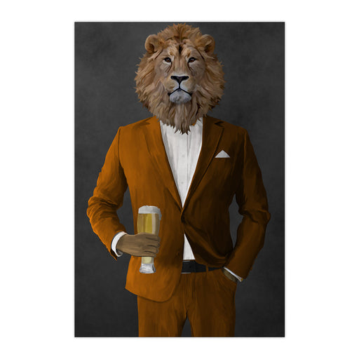 Lion Drinking Beer Wall Art - Orange Suit