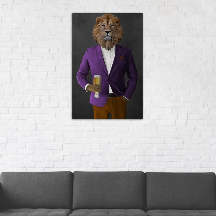 Lion Drinking Beer Wall Art - Purple and Orange Suit
