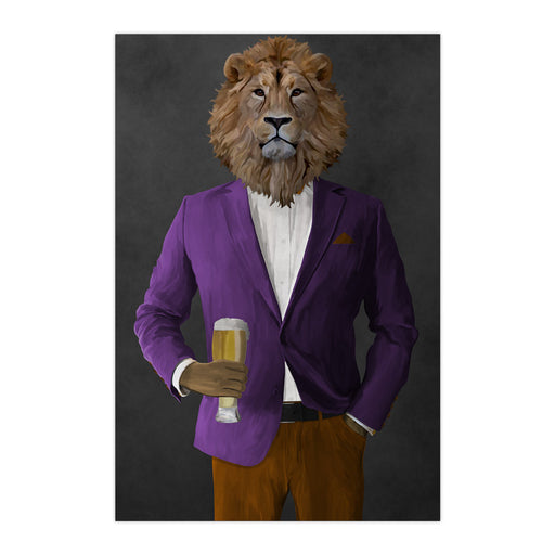 Lion Drinking Beer Wall Art - Purple and Orange Suit