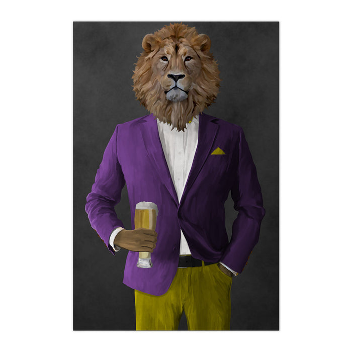Lion Drinking Beer Wall Art - Purple and Yellow Suit