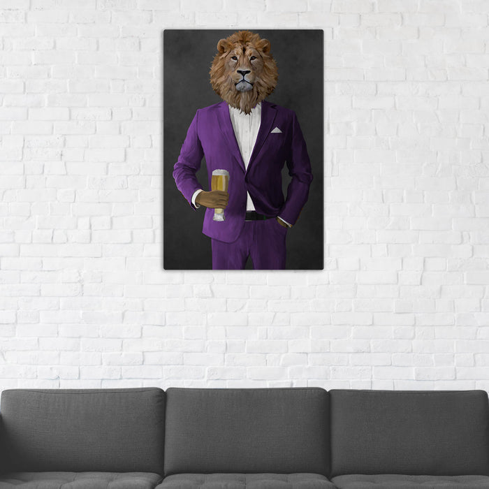 Lion Drinking Beer Wall Art - Purple Suit