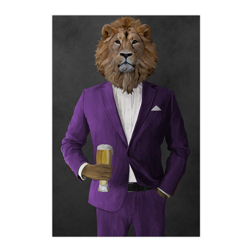 Lion Drinking Beer Wall Art - Purple Suit