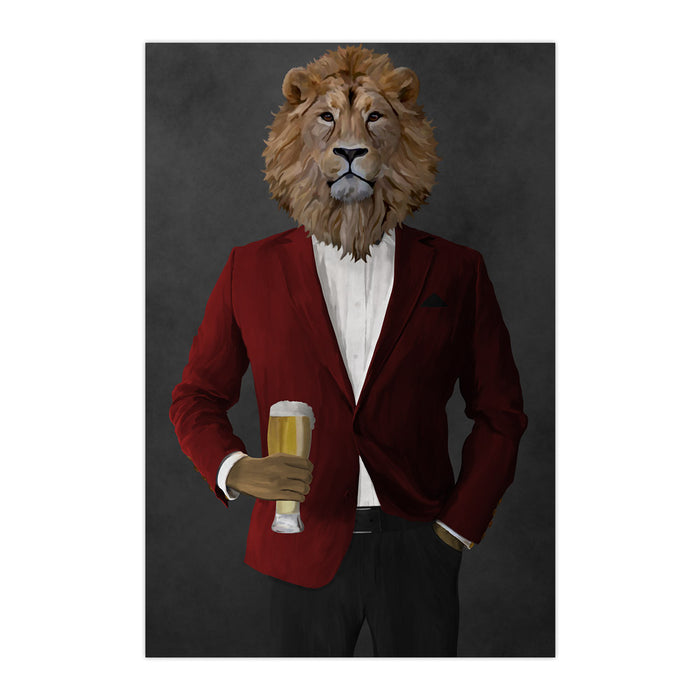 Lion Drinking Beer Wall Art - Red and Black Suit