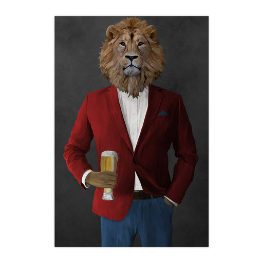 Lion Drinking Beer Wall Art - Red and Blue Suit