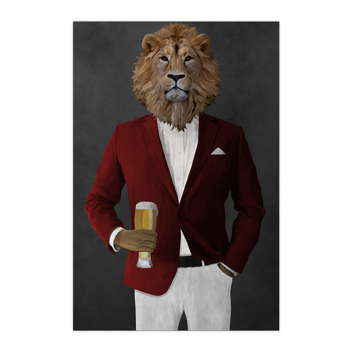 Lion Drinking Beer Wall Art - Red and White Suit