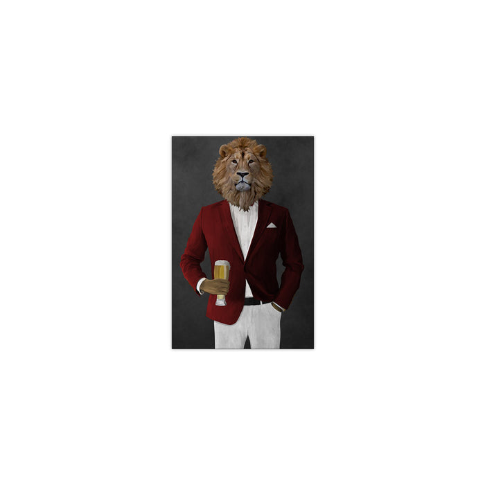 Lion Drinking Beer Wall Art - Red and White Suit