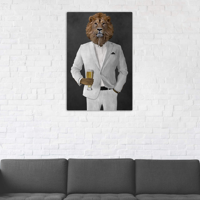 Lion Drinking Beer Wall Art - White Suit