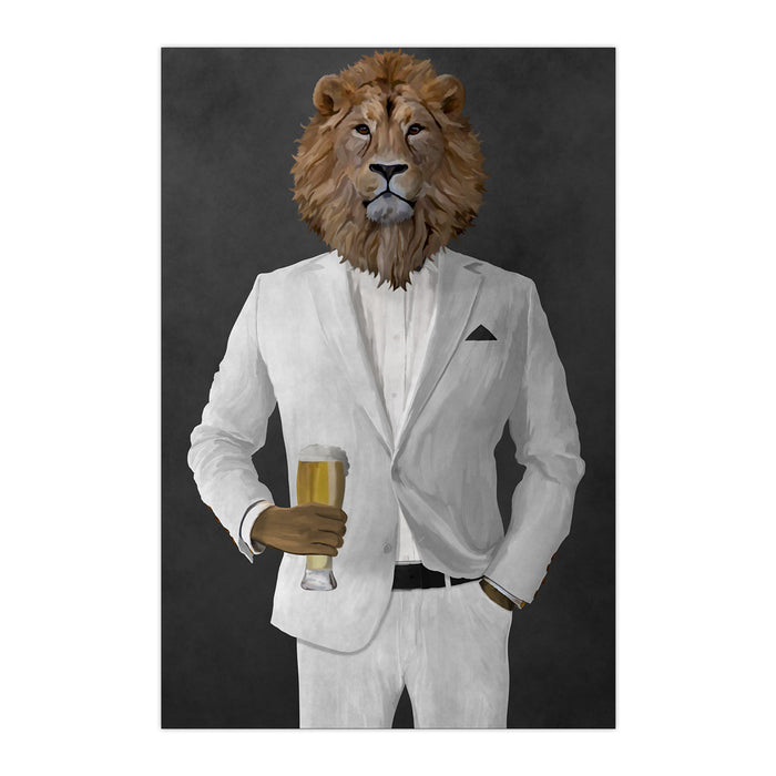 Lion Drinking Beer Wall Art - White Suit