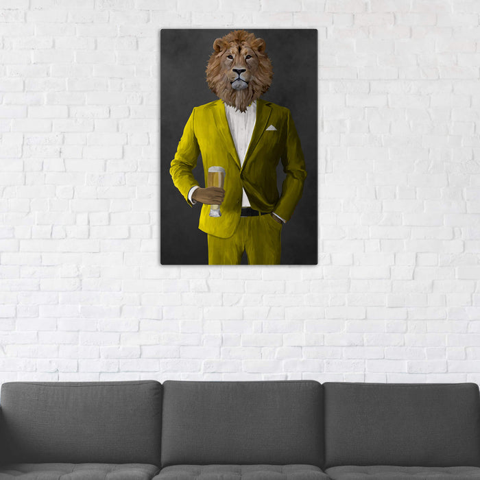 Lion Drinking Beer Wall Art - Yellow Suit