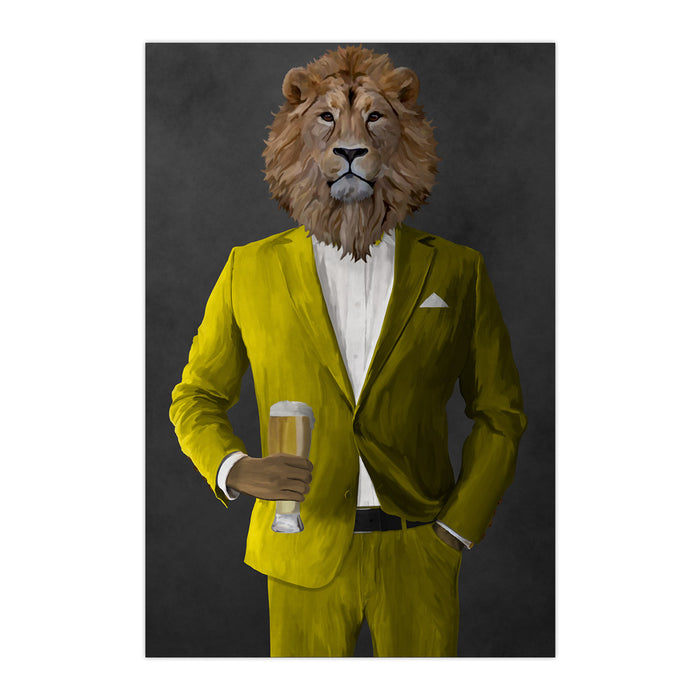 Lion Drinking Beer Wall Art - Yellow Suit