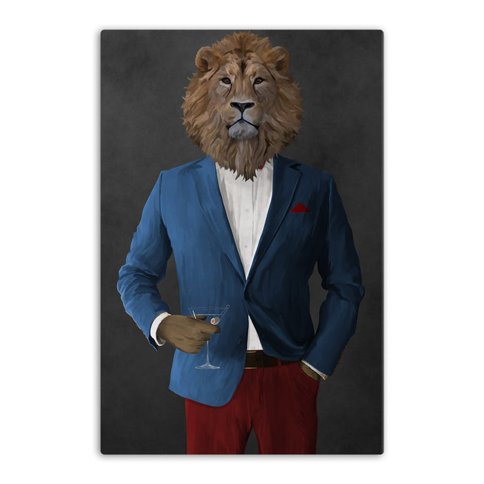 Lion Drinking Martini Wall Art - Blue and Red Suit