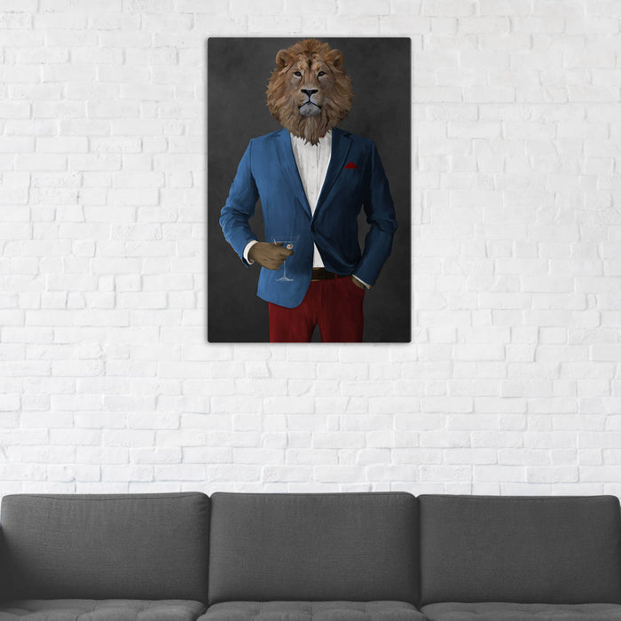 Lion Drinking Martini Wall Art - Blue and Red Suit