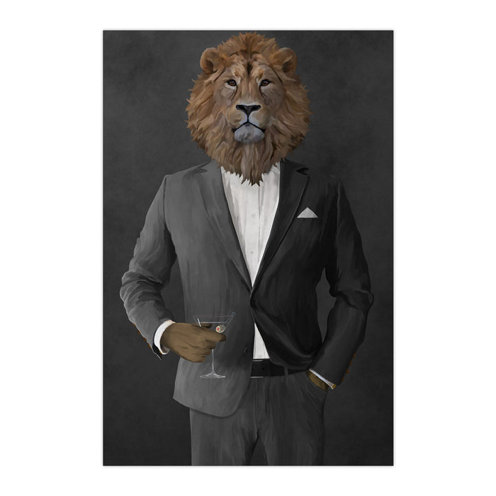 Lion Drinking Martini Wall Art - Gray Suit