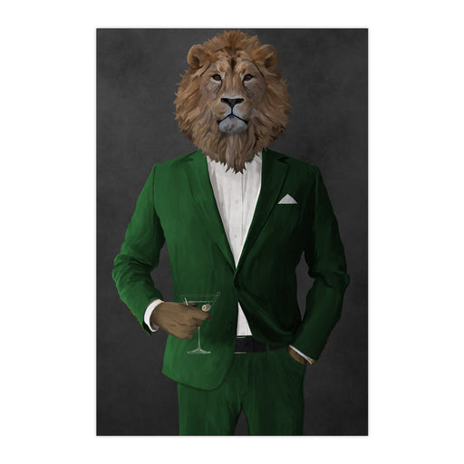Lion Drinking Martini Wall Art - Green Suit
