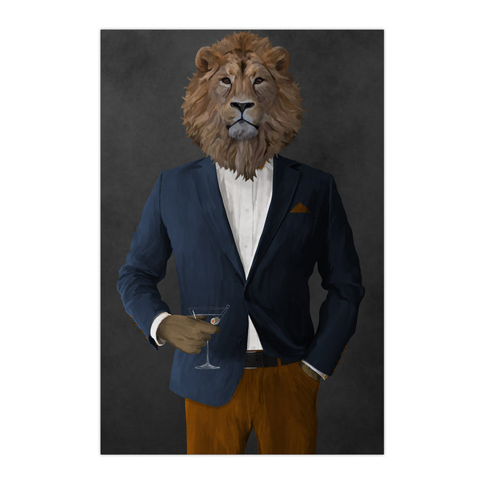 Lion Drinking Martini Wall Art - Navy and Orange Suit