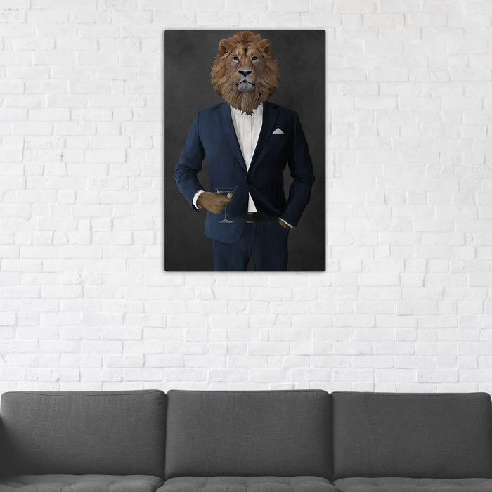Lion Drinking Martini Wall Art - Navy Suit