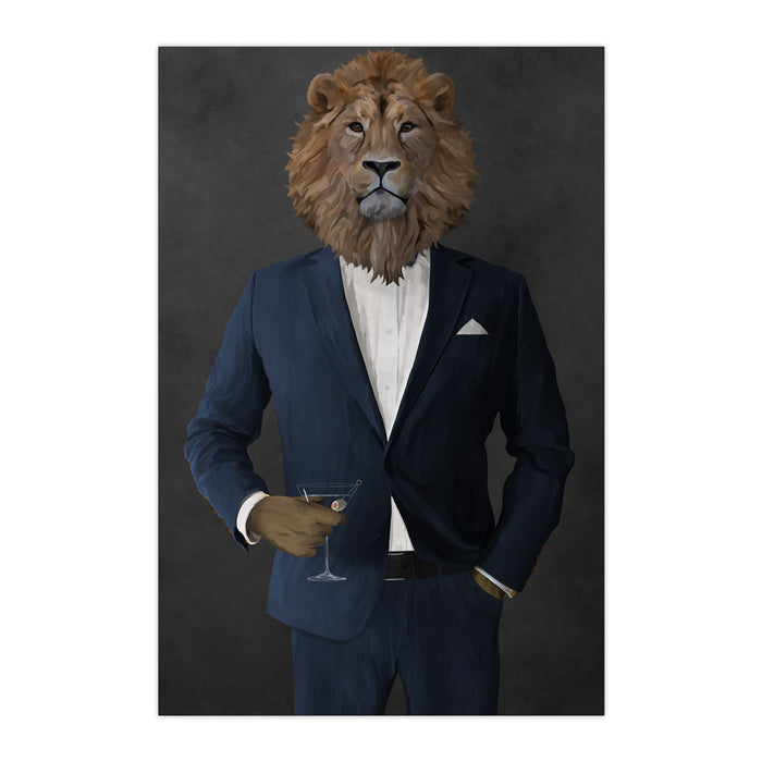 Lion Drinking Martini Wall Art - Navy Suit