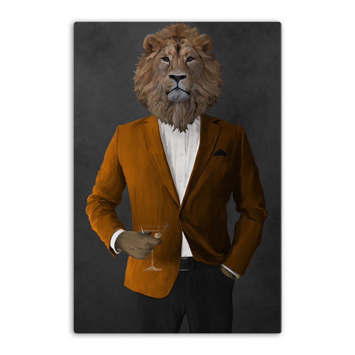 Lion Drinking Martini Wall Art - Orange and Black Suit