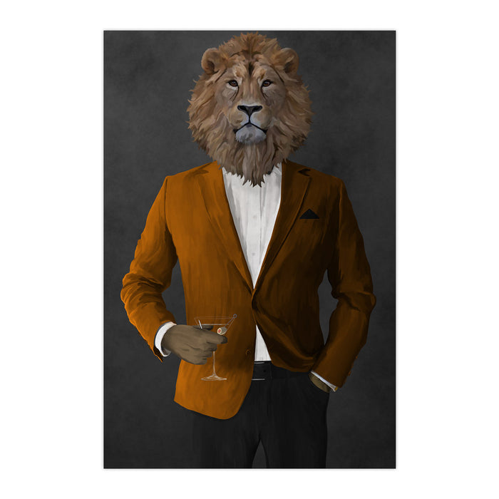 Lion Drinking Martini Wall Art - Orange and Black Suit