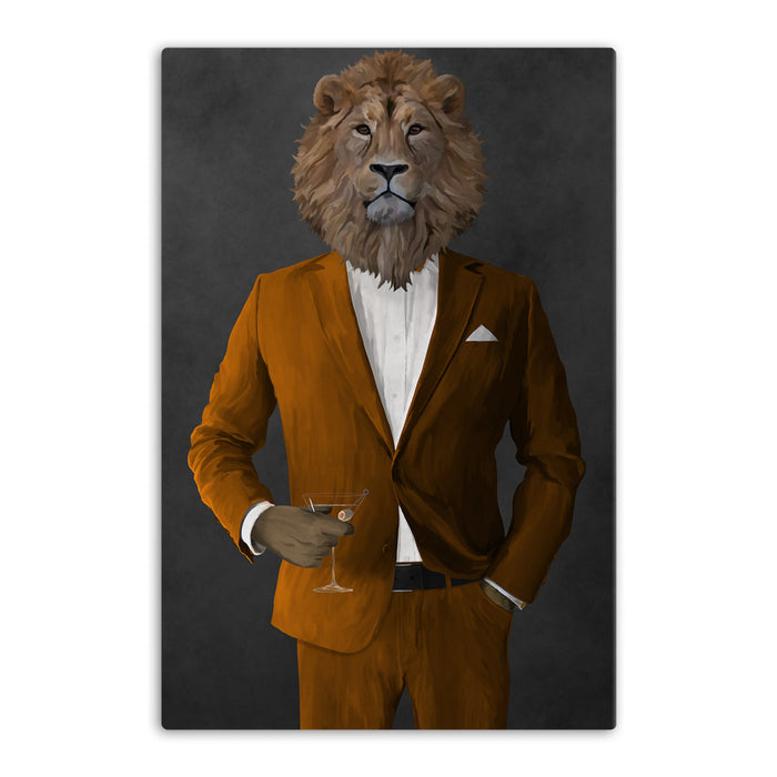 Lion Drinking Martini Wall Art - Orange Suit