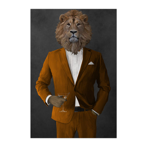 Lion Drinking Martini Wall Art - Orange Suit