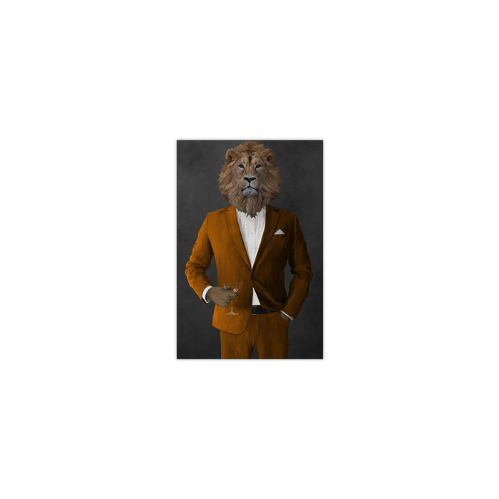 Lion Drinking Martini Wall Art - Orange Suit