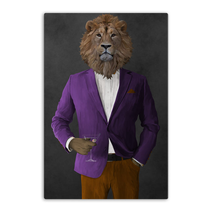 Lion Drinking Martini Wall Art - Purple and Orange Suit