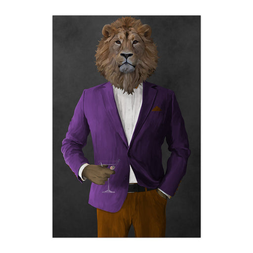 Lion Drinking Martini Wall Art - Purple and Orange Suit