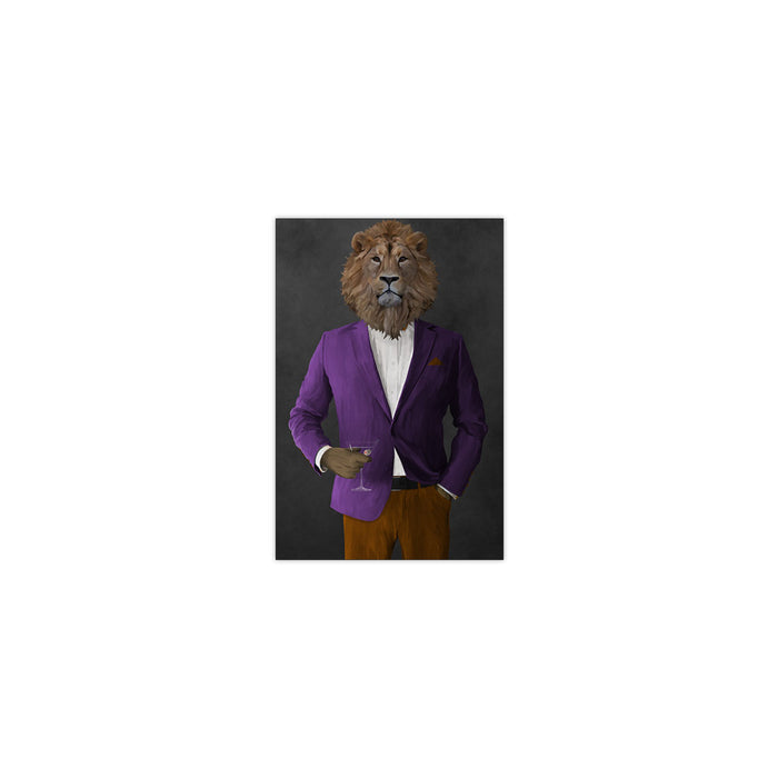 Lion Drinking Martini Wall Art - Purple and Orange Suit