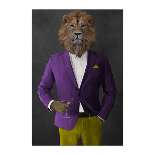 Lion Drinking Martini Wall Art - Purple and Yellow Suit