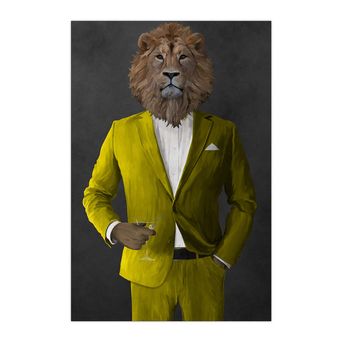 Lion Drinking Martini Wall Art - Yellow Suit