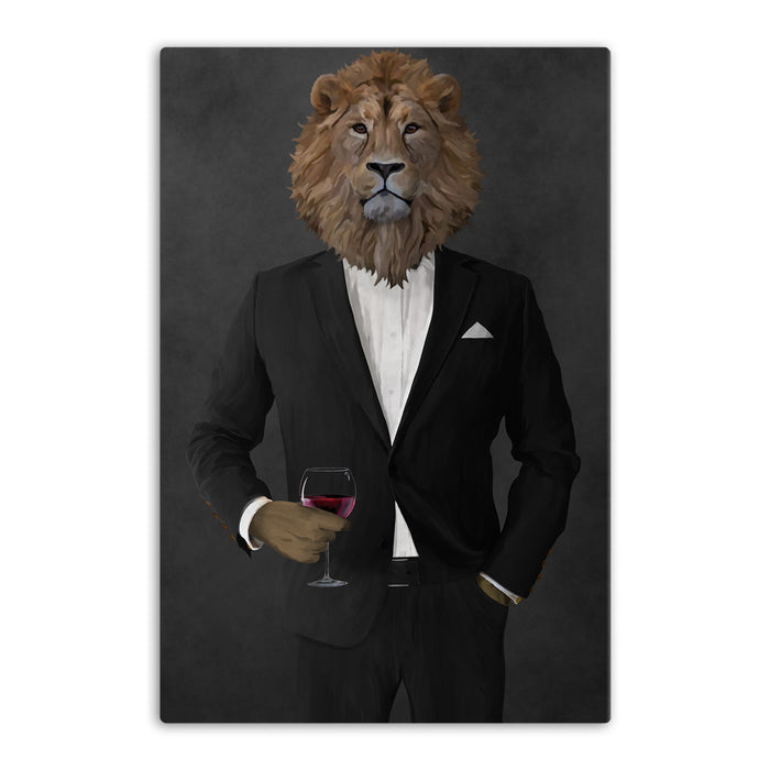 Lion Drinking Red Wine Wall Art - Black Suit