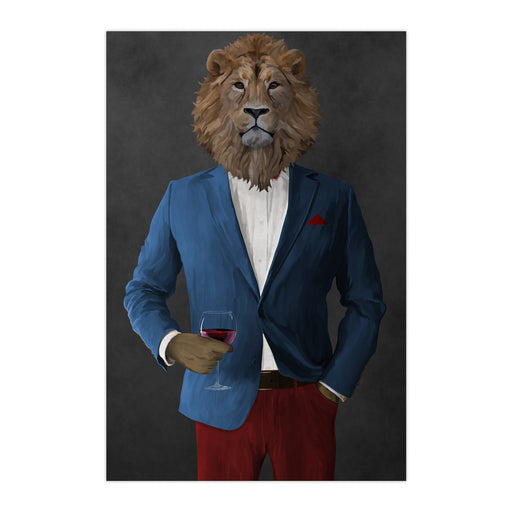 Lion Drinking Red Wine Wall Art - Blue and Red Suit