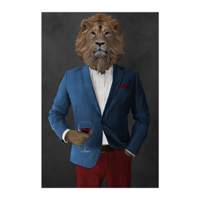 Lion Drinking Red Wine Wall Art - Blue and Red Suit