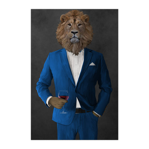 Lion Drinking Red Wine Wall Art - Blue Suit