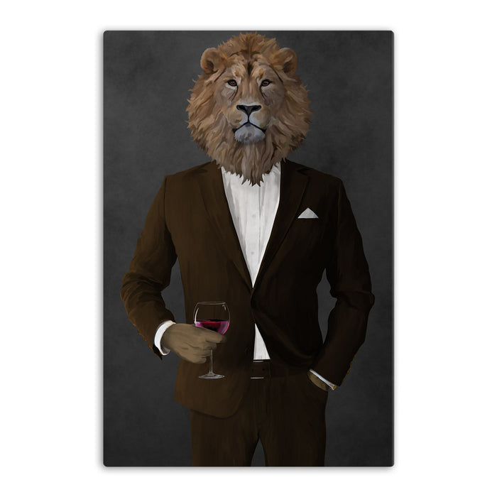 Lion Drinking Martini Wall Art - Brown Suit
