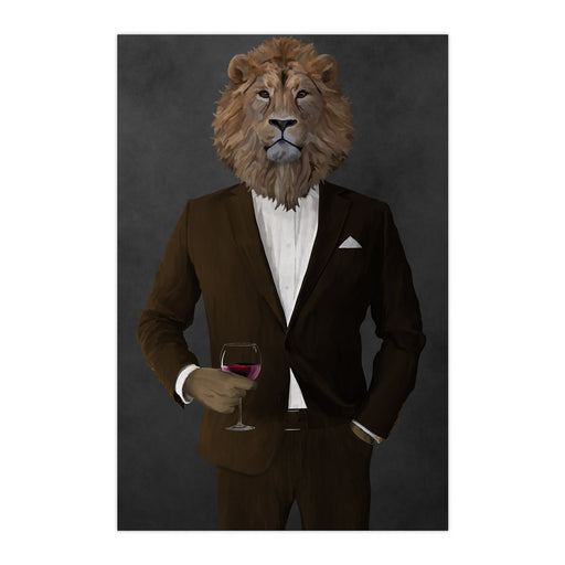 Lion Drinking Red Wine Wall Art - Brown Suit