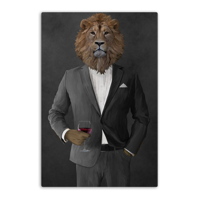 Lion Drinking Red Wine Wall Art - Gray Suit