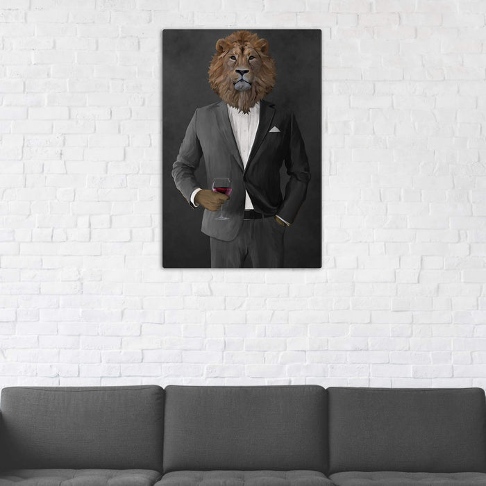 Lion Drinking Red Wine Wall Art - Gray Suit