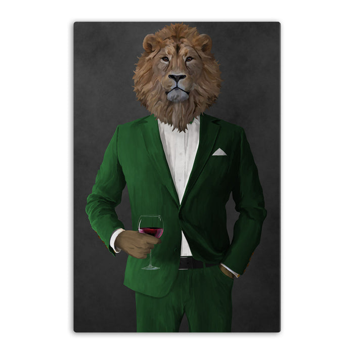 Lion Drinking Red Wine Wall Art - Green Suit
