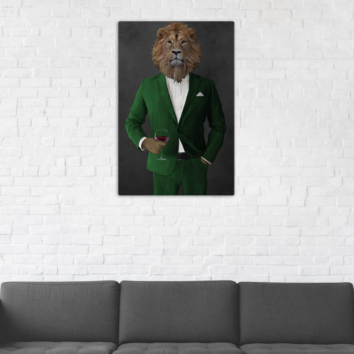 Lion Drinking Red Wine Wall Art - Green Suit